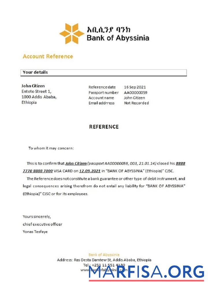 Printable Ethiopia Abyssinia closure reference template
